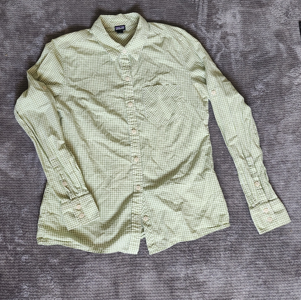 Patagonia Womens Sz 4 Long Sleeve Button Up Organic Cotton,  Green & Wht Checker